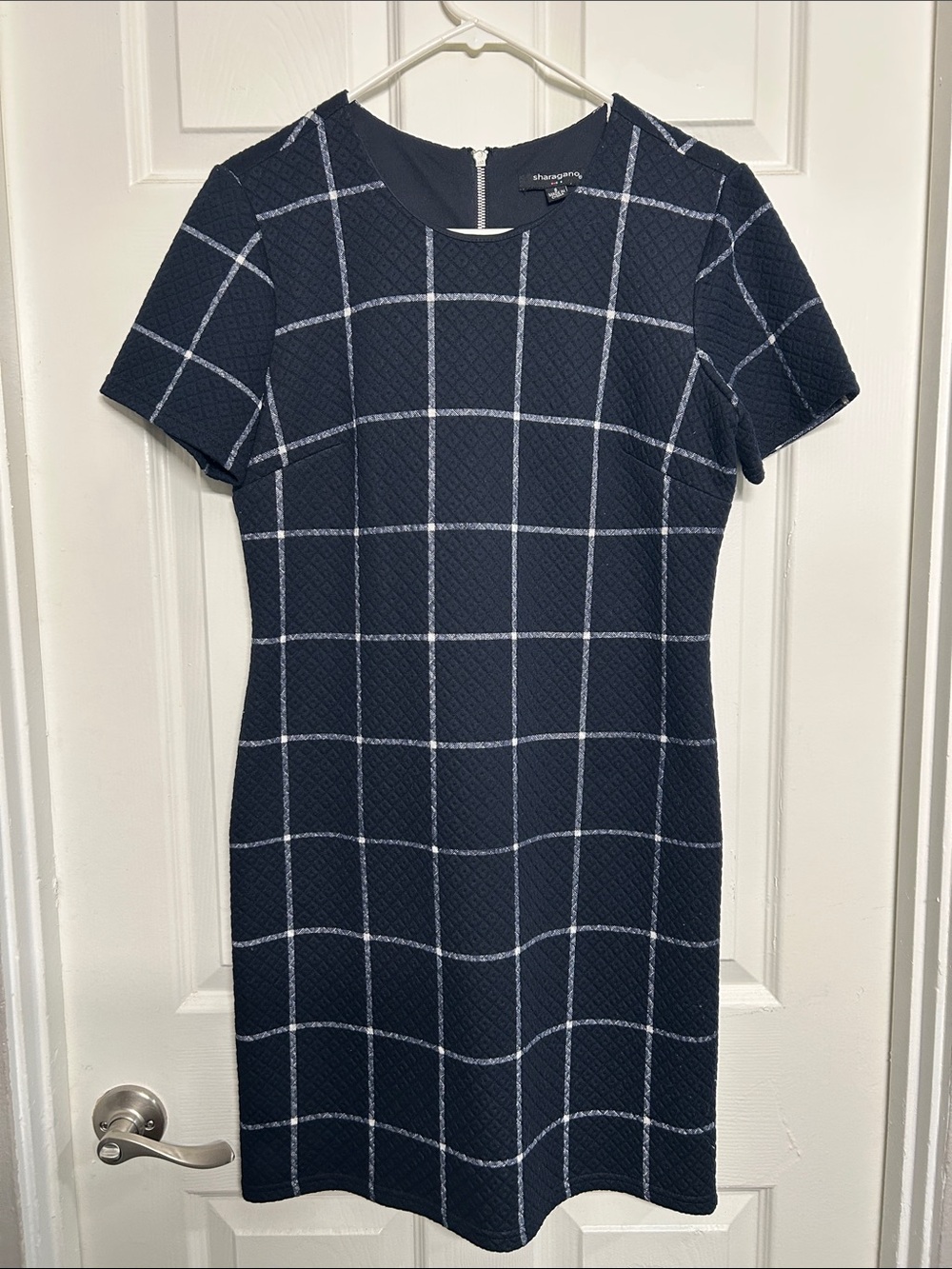 Sharagano Navy and White Windowpane Short-Sleeve Sheath Dress Size 8